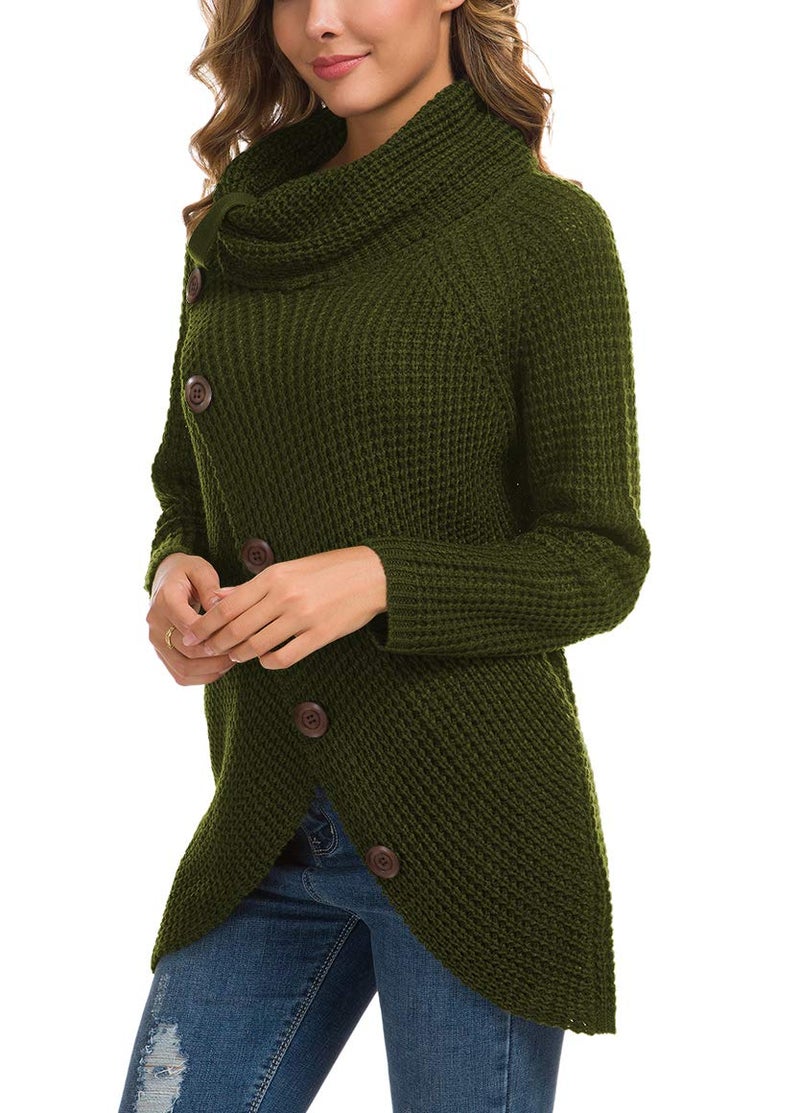 GRECERELLE Women's Fall Chunky Turtleneck Long Sleeve Asymmetric Hem Loose Knit Pullover Sweaters Tops, Army Green, S - Image 3